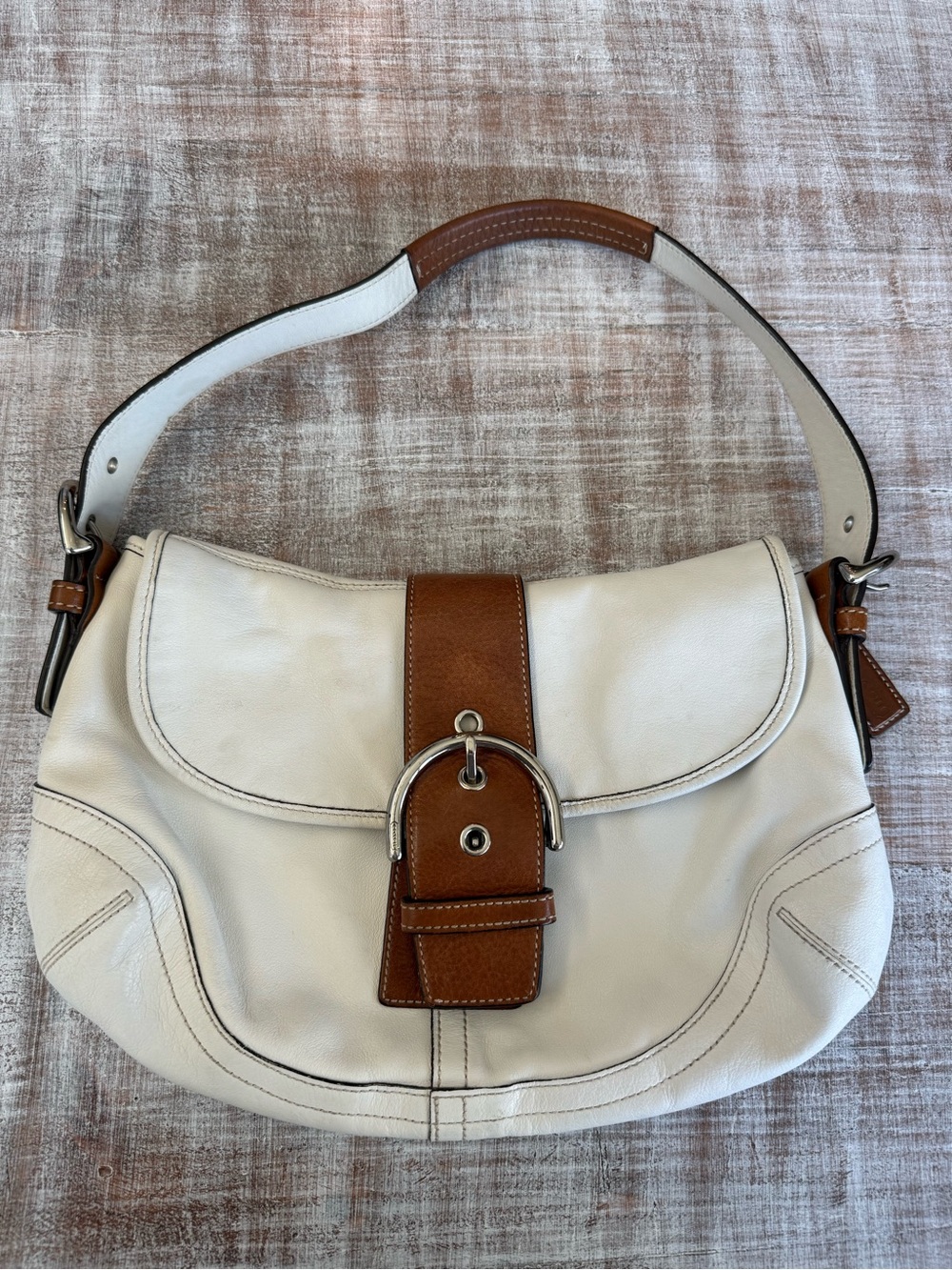 Coach Cream & Brown Leather Shoulder Bag with Buckle Accent